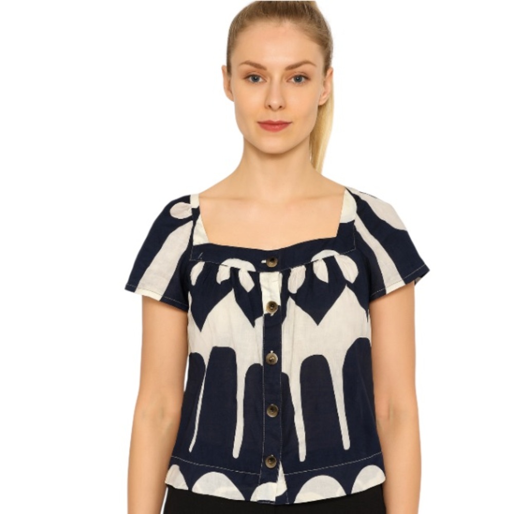J. Crew Point Sur Women’s Blouse Top Size S Black White Abstract Print  EUC